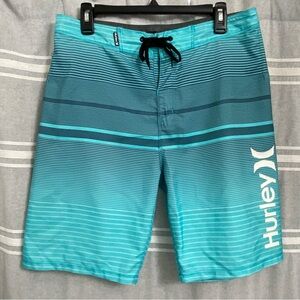 HURLEY / Teal, Blue & White Striped Board Shorts Size 32